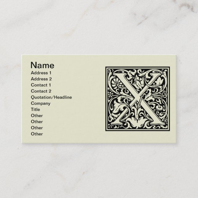 Letter X Mittelalterliche Monogram Art Nouveau Visitenkarte (Vorderseite)