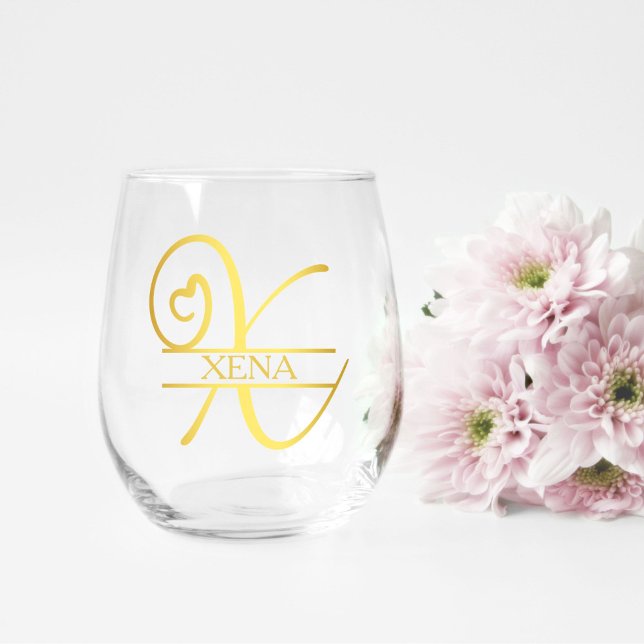 Letter X Monogram Bridesmaid Geschenk, Modernes El Weinglas Ohne Stiel (stemless wine glass for a bridesmaid gift that has a gold split x monogram and customized with name)