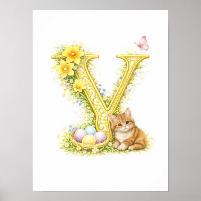 Letter Y Gold Spring Nature Monogram Kitten Kids  Poster (Vorne)
