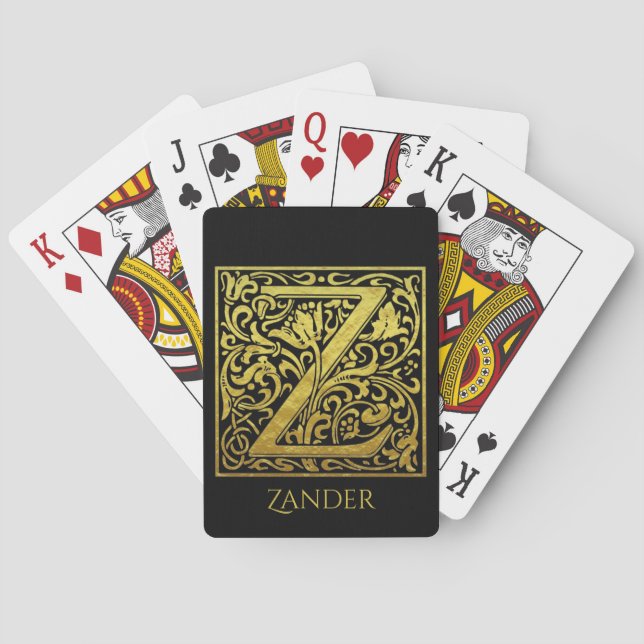Letter Z Erster Buchstabe Gold auf Schwarz Spielkarten (Rückseite)