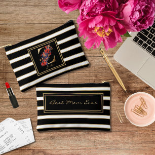 Letter Z Floral Monogram Schwarz-weiße Streifen Zubehörtasche