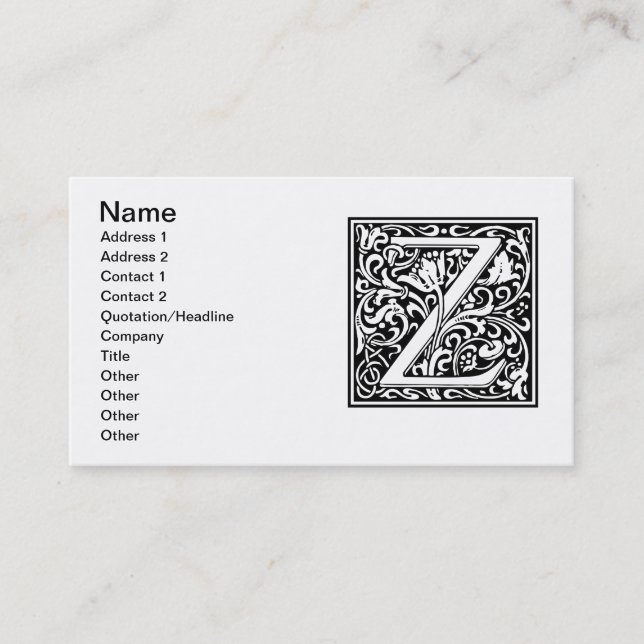Letter Z Medieval Monogram Art Nouveau Visitenkarte (Vorderseite)