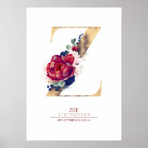 Letter Z Monogram Floral Navy Blue und Burgundy