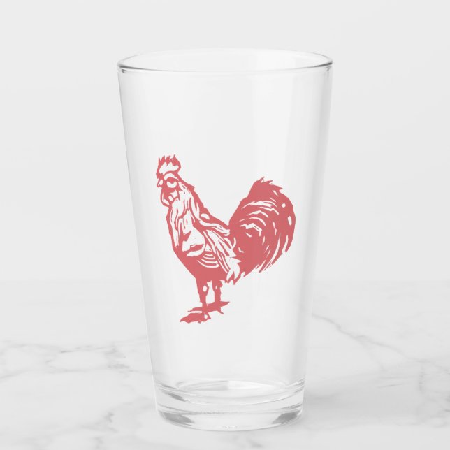 Letterpress-Stil Roter Hahn Glas (Vorderseite)