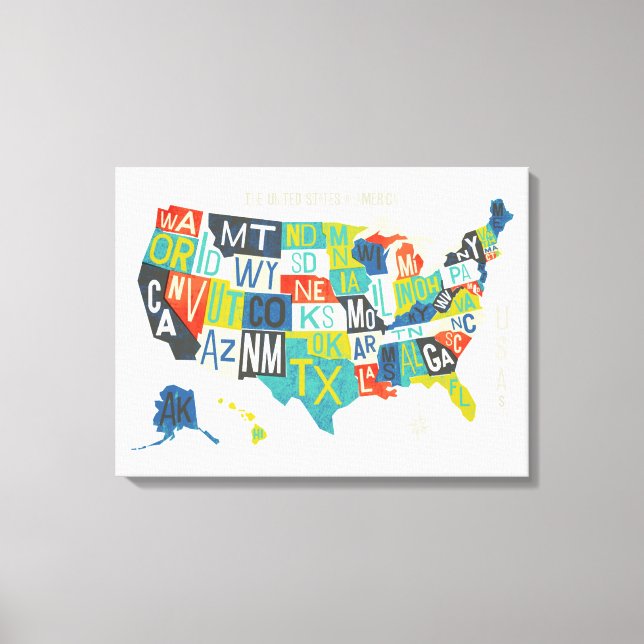 Letterpress USA Map Leinwanddruck (Vorderseite)