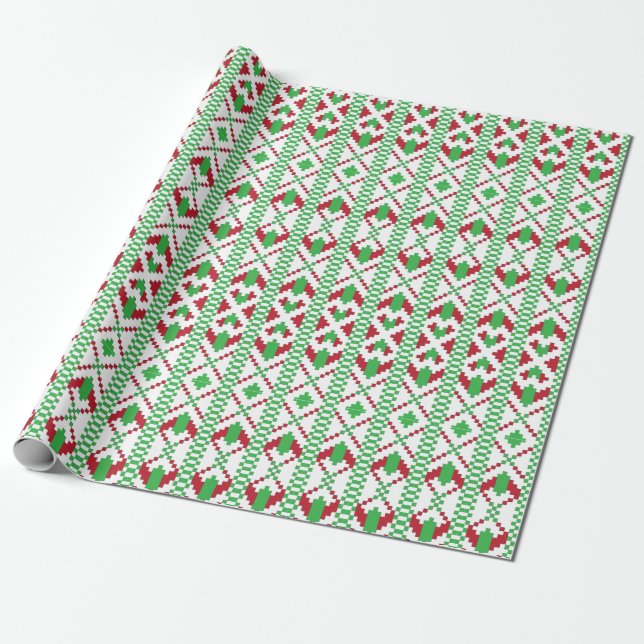 Lettische Volkskunst in Grün und Rot Geschenkpapier (Ungerollt)