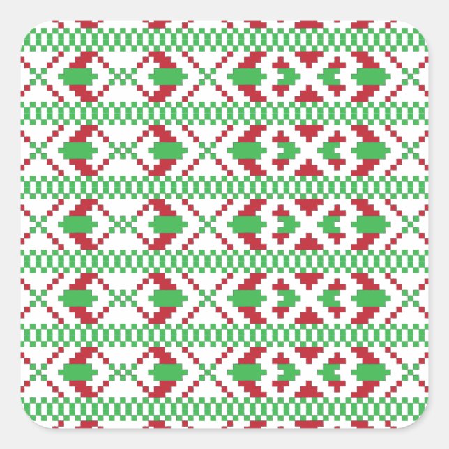 Lettische Volkskunst in Grün und Rot Quadratischer Aufkleber (Vorderseite)