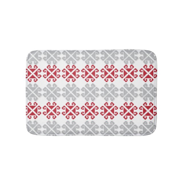Lettisches rot-graues geometrisches Mondkreuz Badematte (Vorderseite)