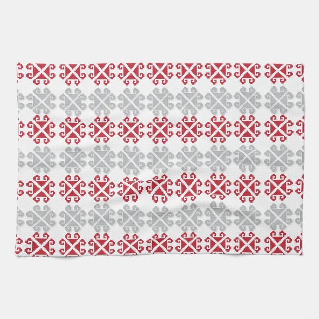 Lettisches rot-graues geometrisches Mondkreuz Handtuch (Horizontal)