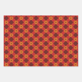 Lettisches Vintag-orange-schwarzes Folkloremuster Geschenkpapier Set