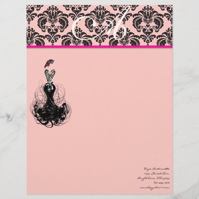 Lettre À En-tête Mode Diva rose framboise Monogramme Damas (Devant)