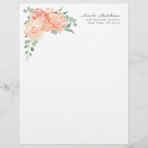 Lettre À En-tête Peach et rose aquarelle Floral Personnalisé