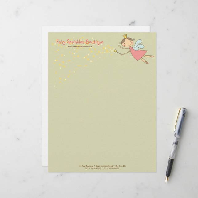 Lettre À En-tête Princesse Fée Rose Whimsical Et Étoiles Magiques (Devant/Arrière en situation)