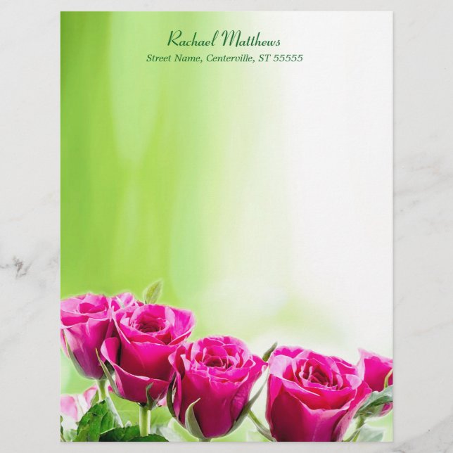 Lettre À En-tête Roses roses fuchsia sur l'arrière - plan vert (Devant)