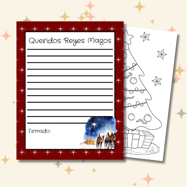 Lettre à la page des Trois Sages Hommes Rouge + Co (Spanish Letter to the wise men red, custom text & kids name. Con Jesus en el camino)