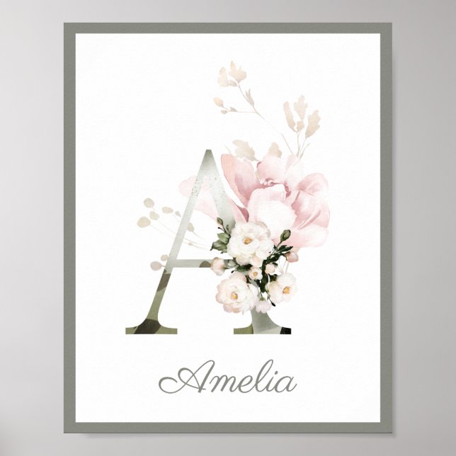 Lettre A Monogram Pink Peony Poster Rose Nursery (Devant)