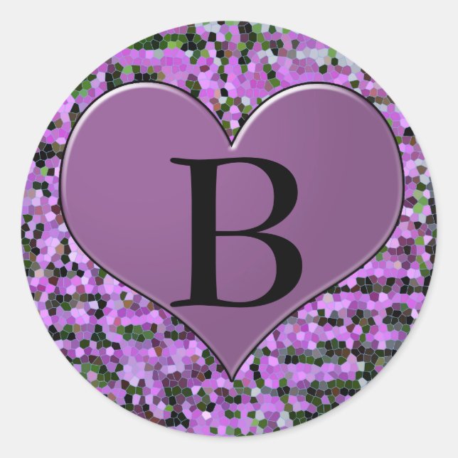 Lettre 'B' sur autocollant rond coeur violet (Devant)