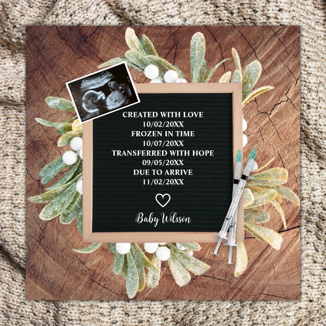 Lettre d'hiver Carte Sonogramme IVF Préganisation (ivf pregnancy announcement card winter wreath ultrasound photo sonogram)