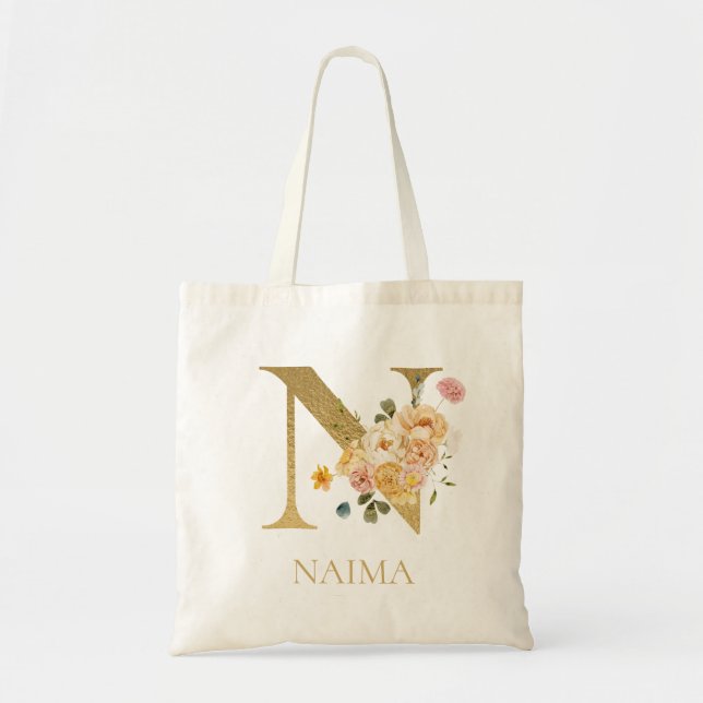 Lettre d'or N Monogramme Floral Aquarelle Sac four (Devant)