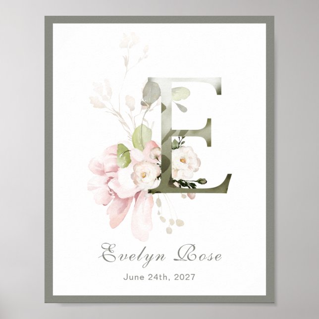 Lettre E Monogramme Rose Rose Rosier Poster (Devant)