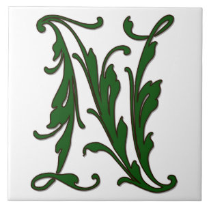 Lettre feuille N en carreaux Monogrammes verts