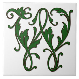 Lettre feuille W en carreaux Monogrammes verts
