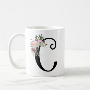 Lettre florale C, tasse d'aquarelle d'art de