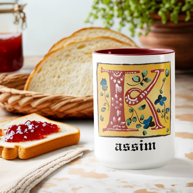 LETTRE Florale Médiévale ÉCLAIRÉE K MONogramme Mug (Créateur téléchargé)