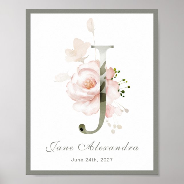 Lettre J Monogram Rose Blanc Floral Poster (Devant)