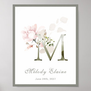 Lettre M Monogramme Rose Blanc Floral Poster
