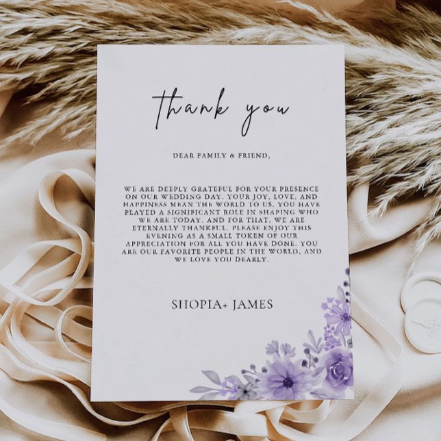 Lettre Merci violet, menu Note de Naples (Purple Thank You Letter, Napkin Note Menu)