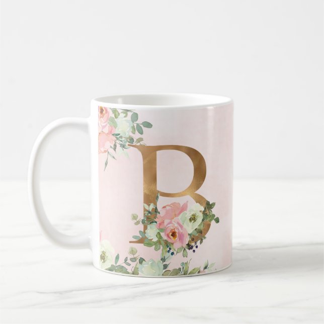 Lettre monogramme B Aquarelle Florale Café Mug (Gauche)