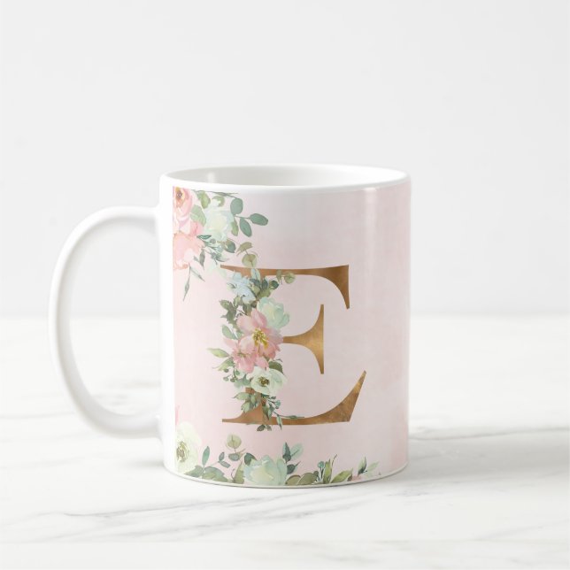 Lettre monogramme E Aquarelle Florale Café Mug (Gauche)