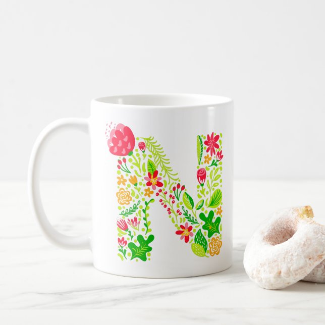 Lettre N en Fleurs Café Mug (Avec donut)