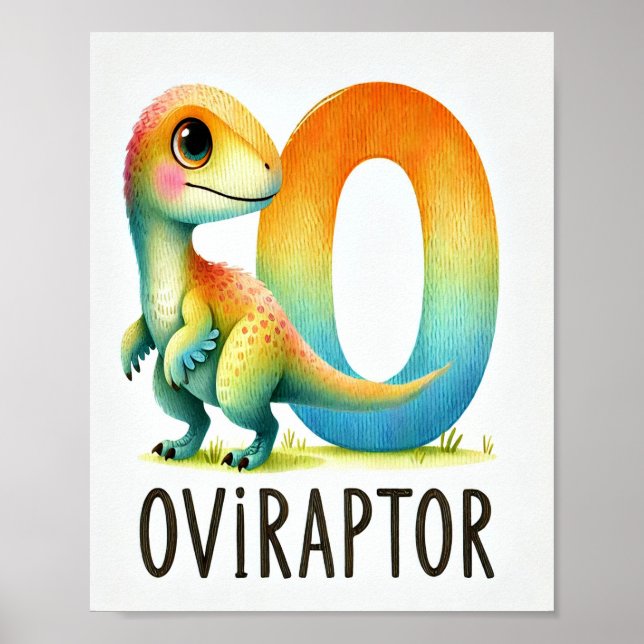 Lettre O, Poster d'aquarelle Dinosaure Alphabet (Devant)