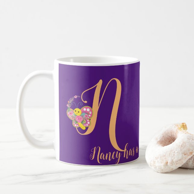 Lettre papillon N Mug florale (Avec donut)