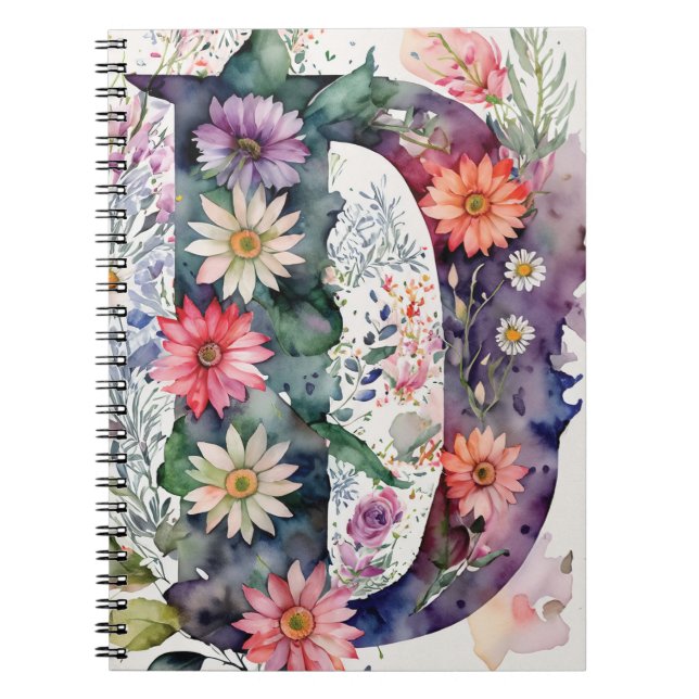 Lettre personnalisée D Carnet d'aquarelle florale (Devant)
