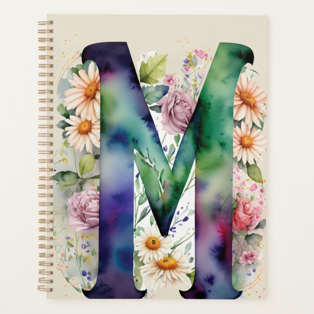 Lettre personnalisée M Carnet d'aquarelle florale (Devant)