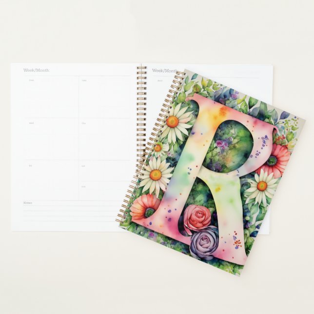 Lettre personnalisée R Carnet d'aquarelle florale (Devant avec enveloppe)