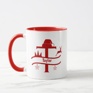 Lettre personnalisée T Nom Monogramme de Noël Mug
