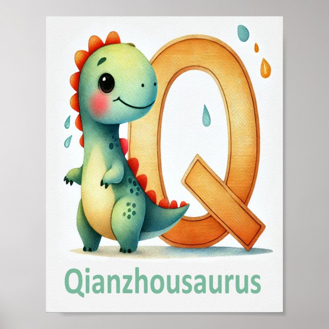 Lettre Q, Poster d'aquarelle de l'alphabet de dino (Devant)