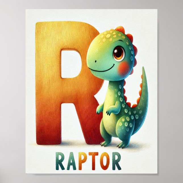 Lettre R, Poster d'aquarelle Dinosaure Alphabet (Devant)