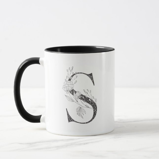 Lettre S Floral Monogramme Mug noir et blanc (Gauche)