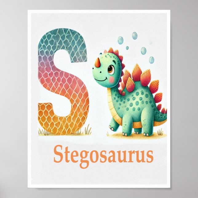 Lettre S, Poster d'aquarelle Dinosaure Alphabet (Devant)