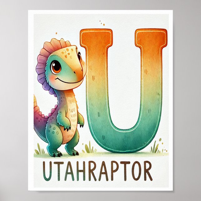Lettre U, Poster d'aquarelle Dinosaur Alphabet (Devant)