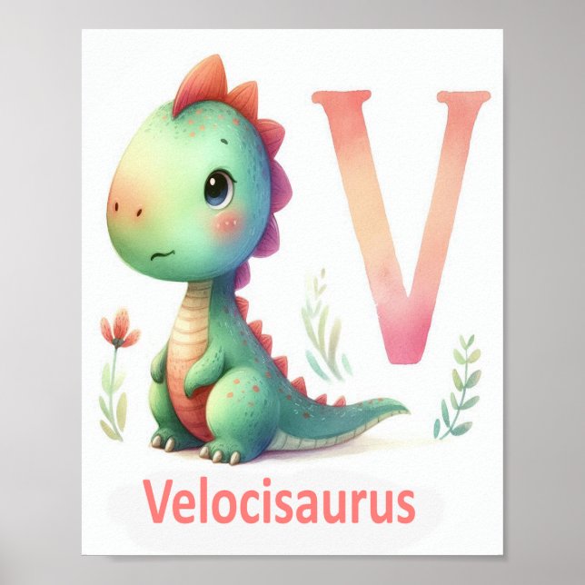 Lettre V, Poster d'aquarelle Dinosaure Alphabet (Devant)