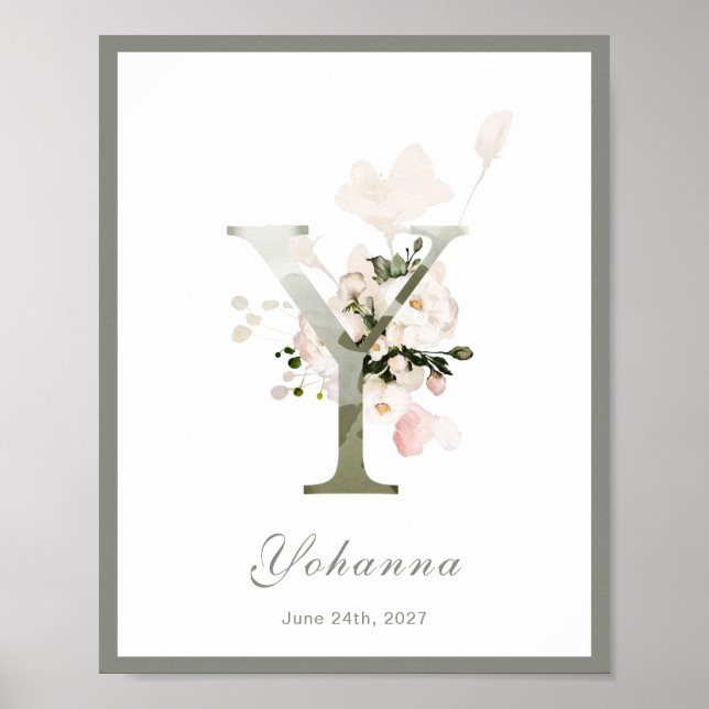 Lettre Y Monogram Rose Floral Nursery Poster (Devant)