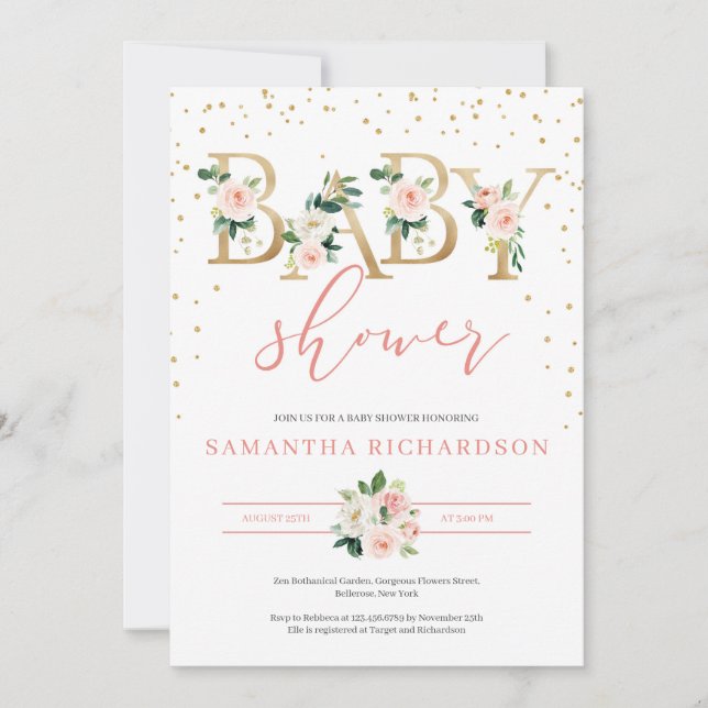 Lettres d'or et Invitation de Baby shower floral (Devant)