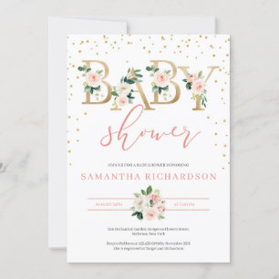 Lettres d'or et Invitation de Baby shower floral