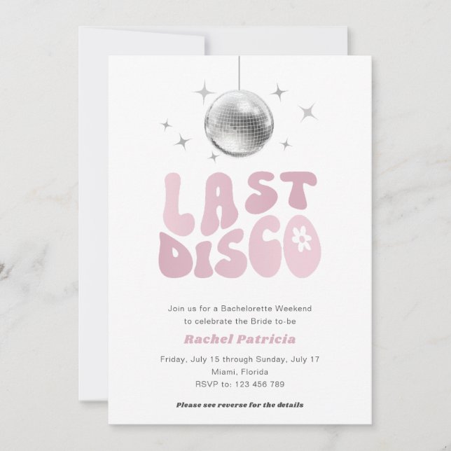 Letzte Disco, einfach, modern Retro Bachelorette Einladung (Vorderseite)